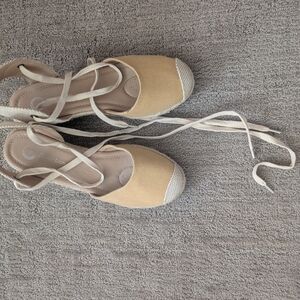 Lace-Up Espadrille Flats in Tan with Contrast Toe